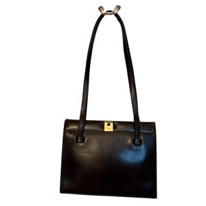 LAMBERTSON TRUEX SHOULDER BAG BROWN LEATHER 2 STRAP GOLD LEVER CLOSE